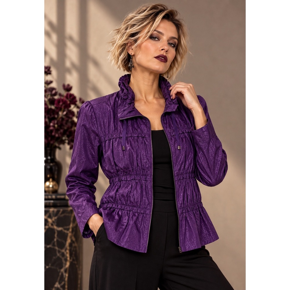 Laura Ashley S Purple Metallic Textured Jacket Zip Front Ruffle Collar